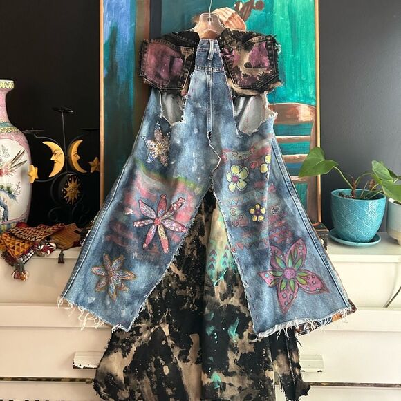Patchwork Denim Jumper Skirt Upcycled Overall Dress Painted One of a Kind OS - Picture 8 of 16
